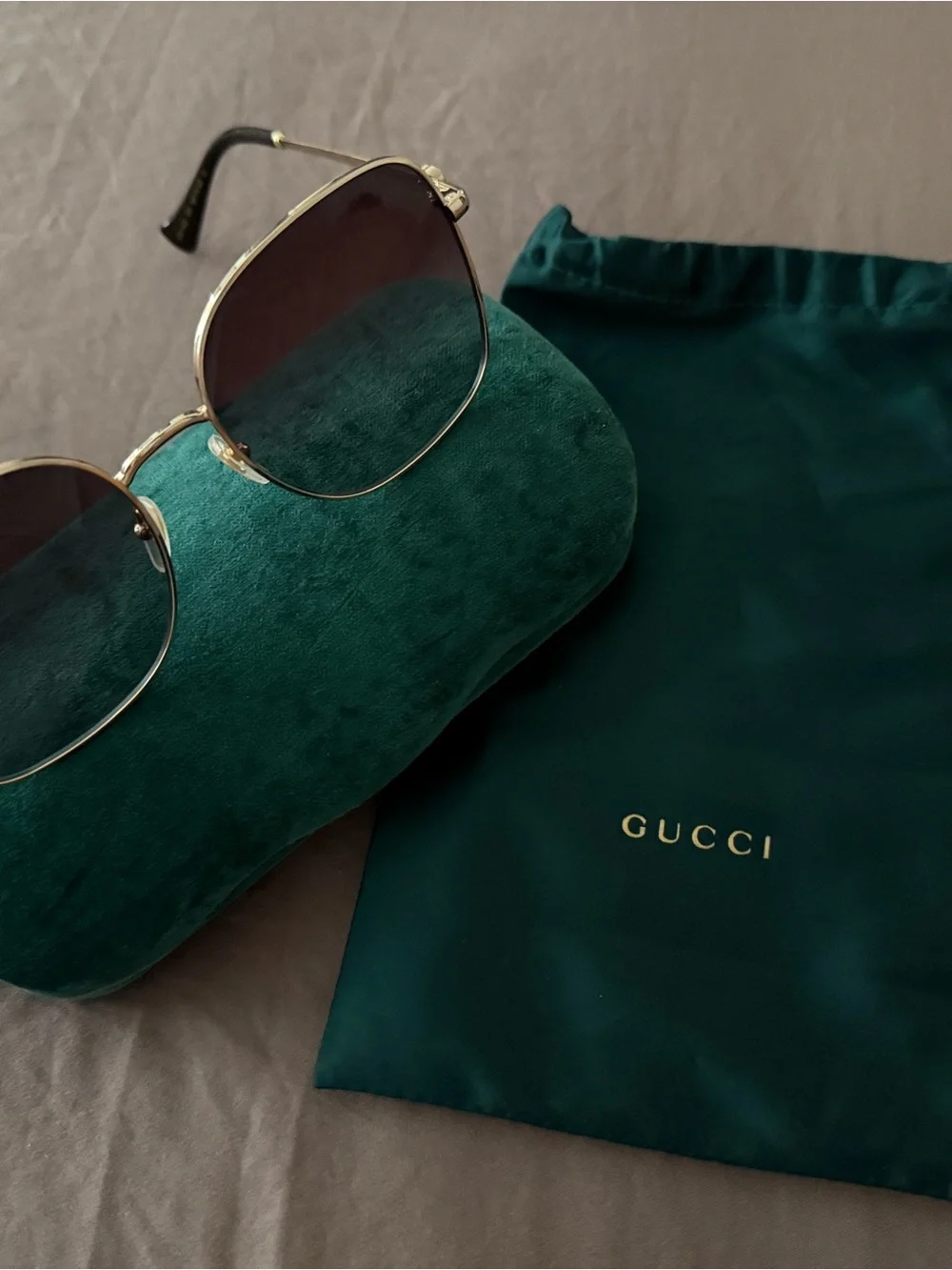 Gucci Gold Frame Brown Lens Sunglasses with Green Case